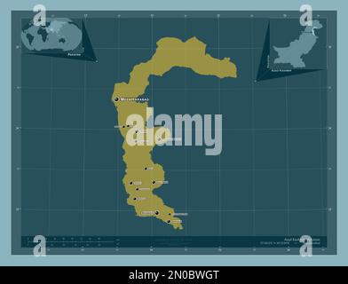 Azad Kashmir, zona amministrata centralmente del Pakistan. Forma a tinta unita. Località e nomi delle principali città della regione. Posizione ausiliaria ad angolo Foto Stock