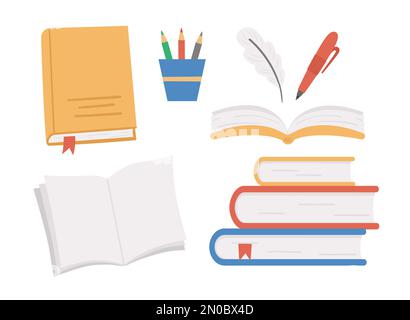 Set di libri vettoriali. Torna alla clipart scolastica. Bella figura piatta con taccuini aperti, pile di libri, penna matite, piuma. Apprendimento Illustrazione Vettoriale