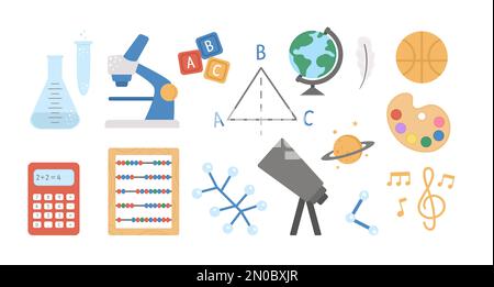 Icone del soggetto della scuola vettoriale. Collezione di cartelli in aula. Torna alla clipart scolastica. Matematica, letteratura, chimica, concetti di classe astronomica Illustrazione Vettoriale