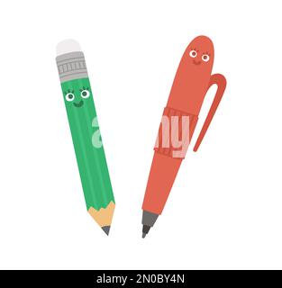 Illustrazione vettoriale con penna e matita kawaii. Torna alla clipart scolastica. Carino stile piatto sorridente cancelleria con gli occhi. Immagine divertente per i bambini Illustrazione Vettoriale