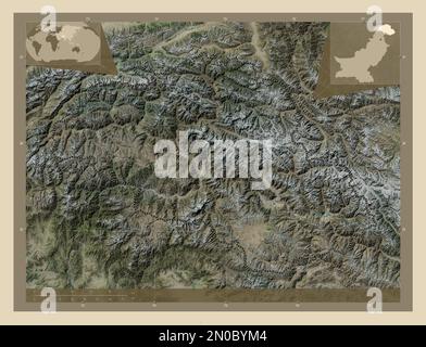 Gilgit-Baltistan, zona amministrata centralmente del Pakistan. Mappa satellitare ad alta risoluzione. Mappe delle posizioni ausiliarie degli angoli Foto Stock