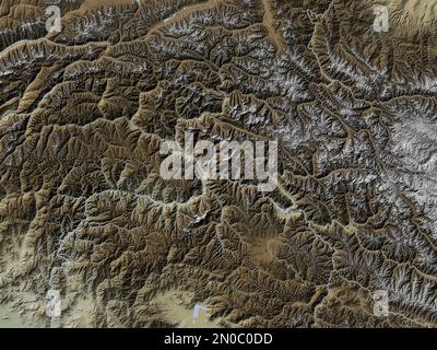 Gilgit-Baltistan, zona amministrata centralmente del Pakistan. Mappa dell'altitudine colorata in stile wiki con laghi e fiumi Foto Stock