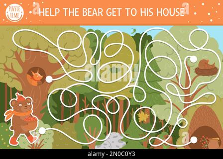 Labirinto autunnale per bambini. Attività educativa stampabile prescolare. Divertente puzzle di stagione autunnale con simpatico animale boschivo. Aiuta l'orso ad arrivare a casa sua Illustrazione Vettoriale