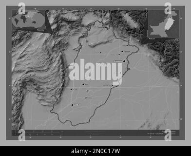 Punjab, provincia del Pakistan. Mappa altimetrica bilivello con laghi e fiumi. Località e nomi delle principali città della regione. Posizione ausiliaria angolo Foto Stock