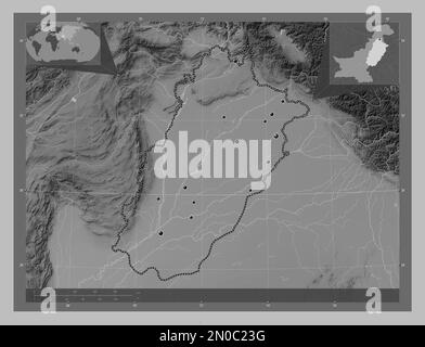 Punjab, provincia del Pakistan. Mappa in scala di grigi con laghi e fiumi. Posizioni delle principali città della regione. Mappe delle posizioni ausiliarie degli angoli Foto Stock