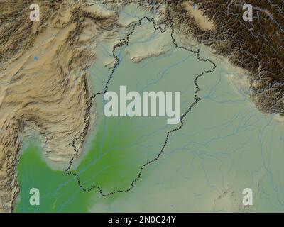 Punjab, provincia del Pakistan. Mappa di altitudine colorata con laghi e fiumi Foto Stock