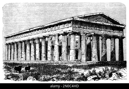 Antica incisione del Tempio di Nettuno a Paestum, Italia (isolato su bianco). Pubblicato in Systematischer Bilder-Atlas zum Conversations-Lexikon, Foto Stock