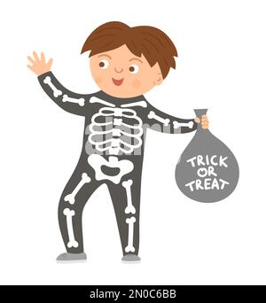 Ragazzo vestito come uno scheletro. Carino vettore Halloween personaggio bambino. Bambino in costume da mostro spaventoso con ossa. Autunno divertente tutti i santi vigilia illustrazione. Illustrazione Vettoriale