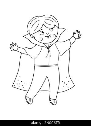 Ragazzo vestito come un vampiro. Carino vettore bianco e nero Halloween personaggio bambino. Bambino in costume di Dracula spaventoso. Autunno divertente tutti i santi vigilia illustrat Illustrazione Vettoriale