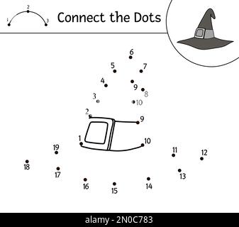 Vector Halloween dot-to-dot e attività a colori con carino cappello mago. Vacanze autunnali collegare il gioco dots. Divertente pagina da colorare per bambini con accessori per strega Illustrazione Vettoriale