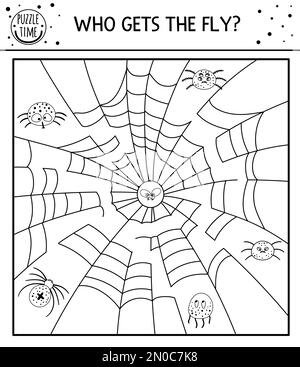 Labirinto bianco e nero di Halloween per bambini. Attività educativa autunnale stampabile prescolare. Giorno divertente del gioco morto o pagina da colorare con ragni Illustrazione Vettoriale