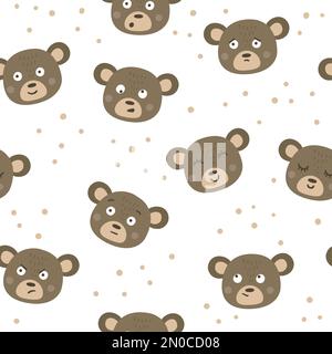 Modello vettoriale senza cuciture con facce di orso ed emozioni diverse. Ripetere lo sfondo con gli adesivi emoji animali. Carta digitale con teste e divertente expre Illustrazione Vettoriale