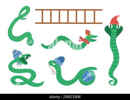 Serpenti e scaletta clipart. Divertenti animali di Natale in cappelli e sciarpe per il gioco da tavolo educativo. Simpatico serpent inverno illustrazione isolato su bianco b Illustrazione Vettoriale