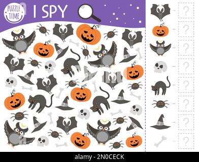 Halloween i gioco spia per i bambini. Attività di ricerca e conteggio per bambini in età prescolare con oggetti spaventosi tradizionali. Divertente foglio di lavoro autunnale stampabile Illustrazione Vettoriale
