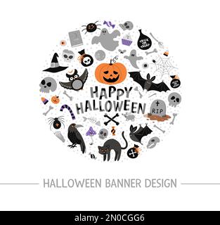 Cornice rotonda vettoriale con elementi di Halloween. Tradizionale clipart Samhain partito. Design spaventoso per striscioni, poster, inviti. Carino auto per le vacanze autunnali Illustrazione Vettoriale