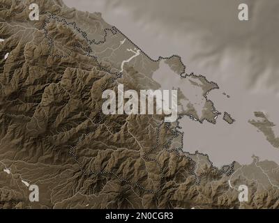 Bocas del Toro, provincia di Panama. Mappa dell'altitudine colorata in tonalità seppia con laghi e fiumi Foto Stock