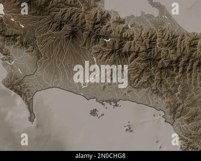 Chiriqui, provincia di Panama. Mappa dell'altitudine colorata in tonalità seppia con laghi e fiumi Foto Stock