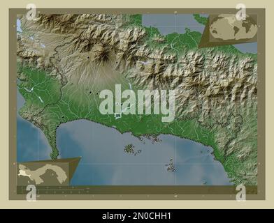 Chiriqui, provincia di Panama. Mappa dell'altitudine colorata in stile wiki con laghi e fiumi. Posizioni delle principali città della regione. Pos. Ausiliario angolo Foto Stock