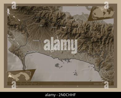 Chiriqui, provincia di Panama. Mappa dell'altitudine colorata in tonalità seppia con laghi e fiumi. Località e nomi delle principali città della regione. Angolo au Foto Stock