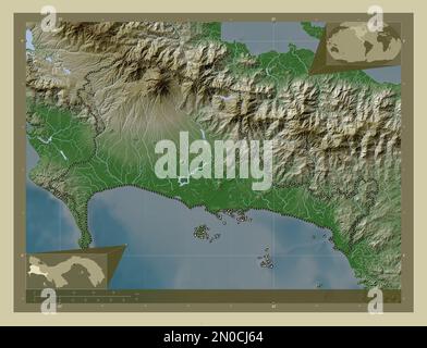Chiriqui, provincia di Panama. Mappa dell'altitudine colorata in stile wiki con laghi e fiumi. Mappe delle posizioni ausiliarie degli angoli Foto Stock