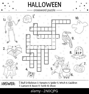 Puzzle di parole incrociate di Halloween in bianco e nero vettoriale per bambini. Semplice quiz o pagina da colorare con tutti gli oggetti del giorno dei santi. Attività educativa con tradit Illustrazione Vettoriale