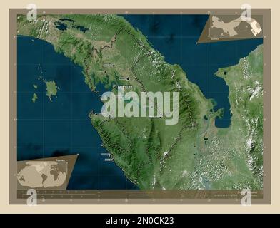 Darien, provincia di Panama. Mappa satellitare ad alta risoluzione. Località e nomi delle principali città della regione. Mappe delle posizioni ausiliarie degli angoli Foto Stock
