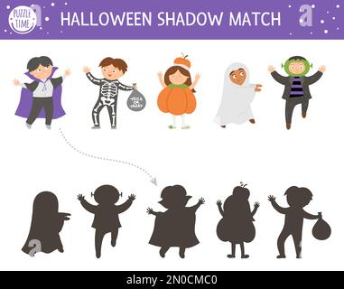 Attività di abbinamento delle ombre di Halloween per i bambini. Puzzle autunnale con bambini vestiti in costumi spaventosi. Gioco educativo con vampiro, fantasma, strega. Trova Illustrazione Vettoriale
