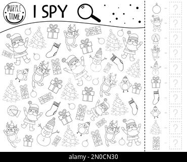 I spy gioco educativo per i bambini con dolci e oggetti di Natale, puzzle  vettoriale. Foglio di lavoro di matematica per asilo, scuola, scuola  prescolare. Sviluppo di abilità di numeracy e attenzione