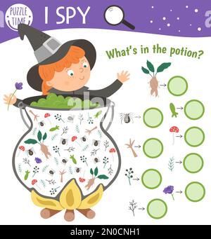 Halloween i gioco spia per i bambini. Attività di ricerca e conteggio per bambini in età prescolare con strega, calderone e ingredienti pozione. Divertente printa autunnale Illustrazione Vettoriale