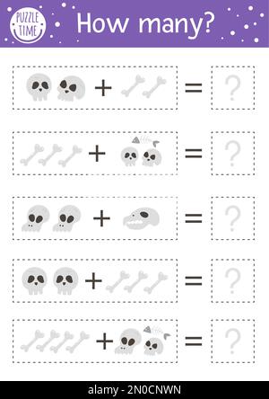 Halloween gioco di conteggio con sculture e ossa. Attività autunnale per bambini in età prescolare. Foglio di lavoro educativo stampabile per la matematica con elementi spaventosi per ki Illustrazione Vettoriale