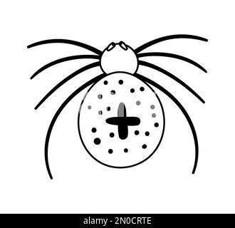 Ragno bianco e nero vettoriale con croce sul retro. Icona del personaggio di Halloween. Cute autunno tutti i santi vigilia illustrazione con insetto spaventoso. Samhain partito c Illustrazione Vettoriale