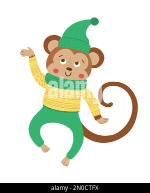 Vettore jumping scimmia in cappello, sciarpa e maglione. Simpatica illustrazione di animali invernali. Divertente disegno della scheda di Natale. Stampa di Capodanno con carattere sorridente Illustrazione Vettoriale