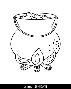 Carino vettore nero e bianco calderone sul fuoco. Icona oggetto Halloween. Autunno tutti i santi vigilia illustrazione con elemento relativo strega. Vaso di Samhain con g Illustrazione Vettoriale