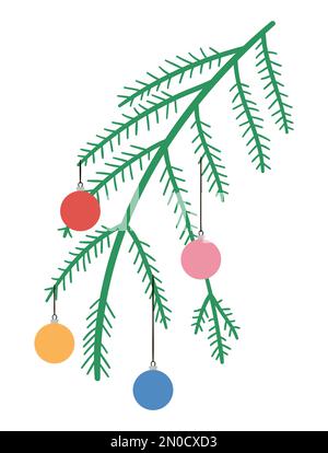 Ramo d'albero di Natale decorato con vettore con palline colorate isolate su sfondo bianco. Simpatica illustrazione del simbolo di Capodanno. Conifero di Natale Illustrazione Vettoriale