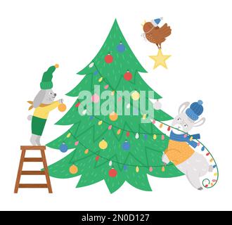 Cute scena di preparazione di Natale con coniglio, uccello e lama decorazione dell'abete. Illustrazione invernale con animali. Divertente disegno di scheda. Stampa di Capodanno Illustrazione Vettoriale