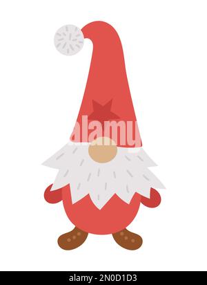 Simpatico gnome di Natale scandinavo isolato su sfondo bianco. Carattere Vector New Year in berretto rosso con barba lunga. Nana divertente per i bambini Illustrazione Vettoriale