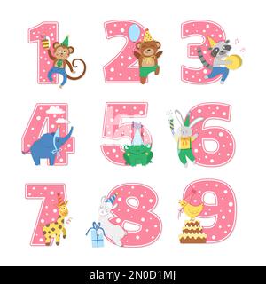 Numeri di festa di compleanno insieme con gli animali carini. Modelli di biglietti per l'anniversario per bambini. Illustrazione di festa di colore rosa brillante con foresta divertente e cha tropicale Illustrazione Vettoriale