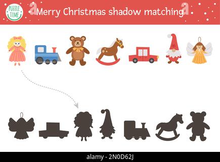 Attività di abbinamento delle ombre di Natale per i bambini. Puzzle invernale con giocattoli carini. Gioco educativo per bambini con bambola, orsacchiotto, cavallo a dondolo, angelo. Illustrazione Vettoriale