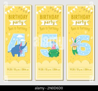 Set di maschere per biglietti d'auguri per il compleanno con animali carini e 4, 5, 6 numeri. Poster verticale per anniversario o invito per bambini. Vacanza bookm Illustrazione Vettoriale