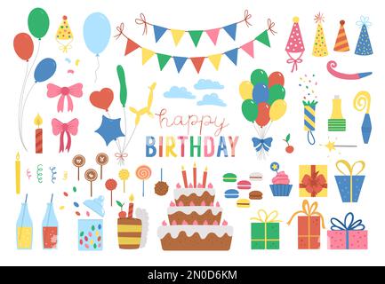 Set di graziosi elementi di design per compleanno. Collezione clipart festa. Pacchetto vacanze Vector con regali luminosi, torta con candele, palloncini, Fla Illustrazione Vettoriale