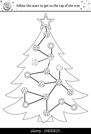 Labirinto bianco e nero di Natale per bambini. Attività educativa stampabile in età prescolare invernale con pratica di riconoscimento della forma. Divertente gioco di vacanza o co Illustrazione Vettoriale