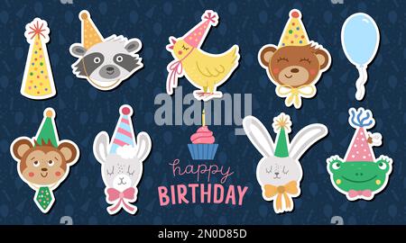 Set di adesivi vettoriali con le facce simpatiche degli animali in cappelli da festa. Buon compleanno avatar collezione. Divertente illustrazione di festa di orso, rana, lama, racco Illustrazione Vettoriale