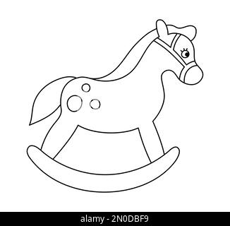 Vettore cavallo a dondolo bianco e nero isolato su sfondo bianco. Simpatico animale giocattolo illustrazione per i bambini. Icona divertente linea di carattere sorridente per bambr Illustrazione Vettoriale