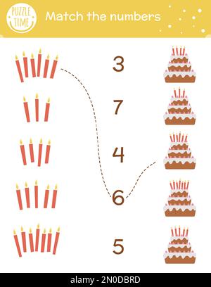 Partita di compleanno con torte e candele. Vacanza matematica attività per bambini prescolare. Foglio di calcolo stampabile per celebrazioni educative con Illustrazione Vettoriale