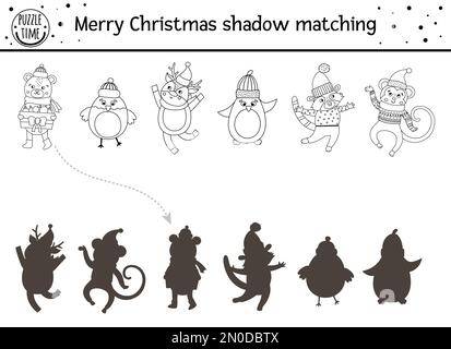 Attività di abbinamento delle ombre bianche e nere di Natale per i bambini. Pagina da colorare invernale con animali carini. Nuovo anno educativo gioco per bambini. Individuare il Illustrazione Vettoriale