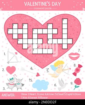 Puzzle di parole incrociate Vector San Valentino per bambini. Semplice quiz a forma di cuore con oggetti di vacanza e animali per bambini. Attività educativa con spirito Illustrazione Vettoriale