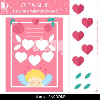 Vettore San Valentino taglio e attività di colla. Vacanza educativo crafting gioco con cupid carino e cuori. Attività divertente per i bambini con tema d'amore. Illustrazione Vettoriale