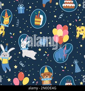 Modello vettoriale senza cuciture con simpatici animali in cappelli da festa e spaziature. Sfondo ripetizione compleanno spazio. Divertente carta digitale cosmica per le feste. Carino tex Illustrazione Vettoriale