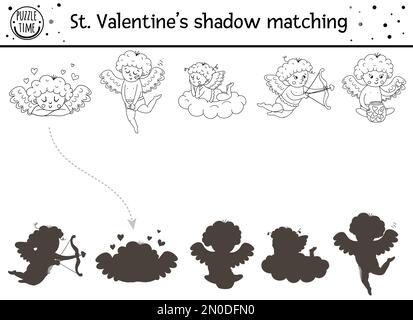 San Valentino in ombra bianca e nera attività di corrispondenza per i bambini. Divertente puzzle di contorno con simpatici simboli di vacanza. Gioco educativo per ragazzi wit Illustrazione Vettoriale