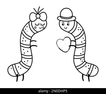 Carino coppia di caterpilars bianco e nero Vector. Illustrazione amorevole della coppia. Amore relazione o concetto di famiglia. Insetti romantici isolati su bac bianco Illustrazione Vettoriale